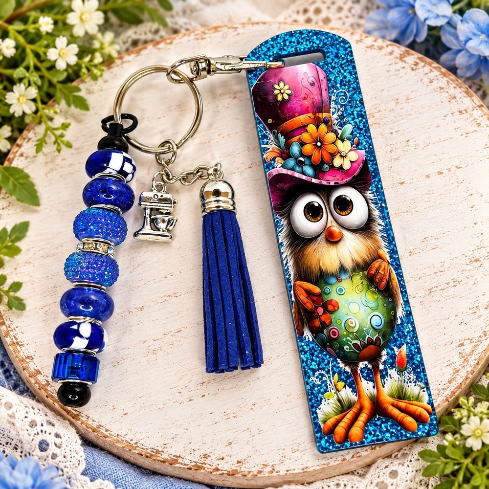 Blue Glitter Owl Keychain Bag Charm with Beaded Dangle Tassel and Mixer Charm 11